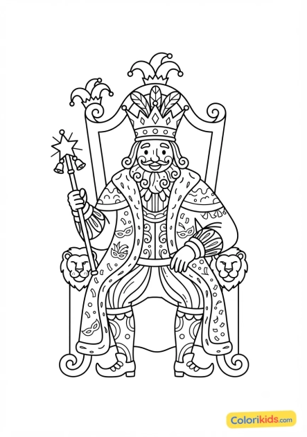 Coloriage à imprimer : roi du carnaval majestueux sur son trône