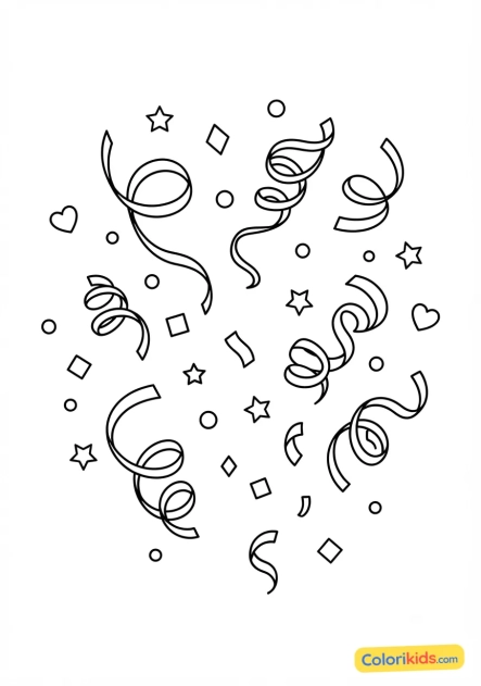 Coloriage à imprimer : confettis et serpentins multicolores volant dans l'air