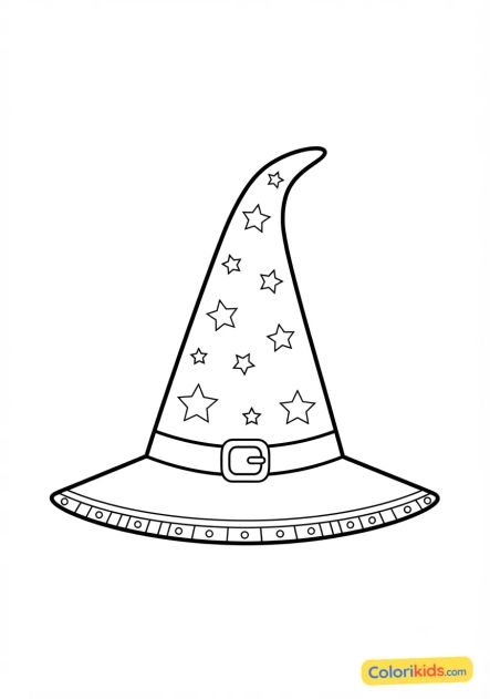 Coloriage à imprimer : chapeau de sorcière pointu avec des étoiles dorées