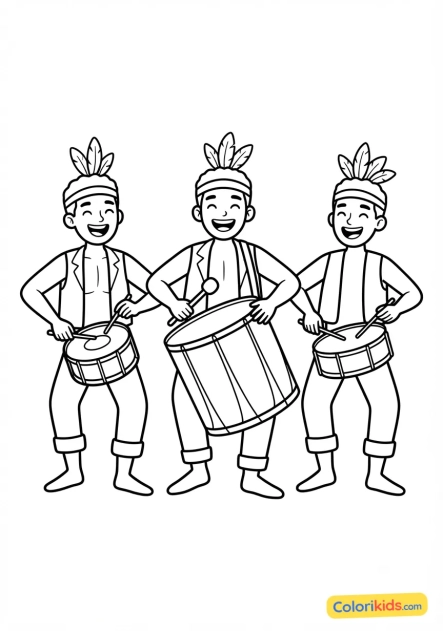 Coloriage à imprimer : musiciens de samba jouant du tambour dans la rue