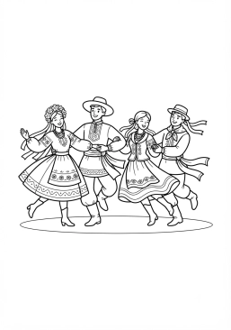Voir le coloriage Groupe de danseurs folkloriques en habits traditionnels