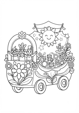 Voir le coloriage Magnifique char de carnaval fleuri et coloré