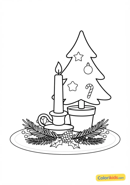 Desenho para colorir para imprimir: centro de mesa com vela e pinheiro