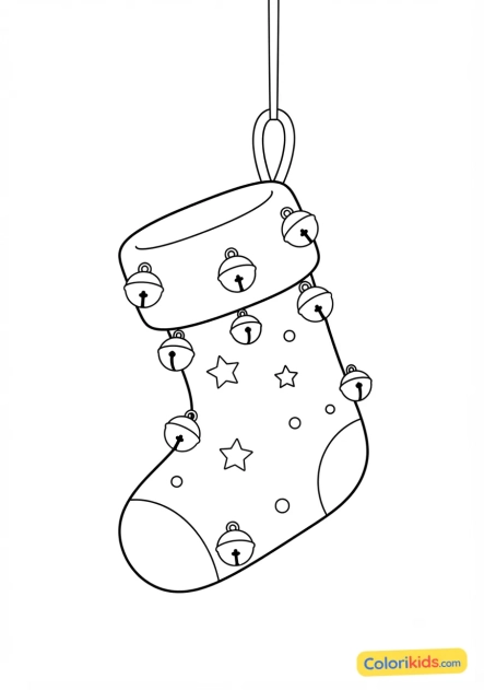 Desenho para colorir para imprimir: bota de natal decorada com sininhos