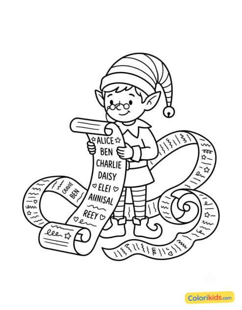 Ausmalbild zum Ausdrucken: elfe überprüft die Liste der artigen Kinder