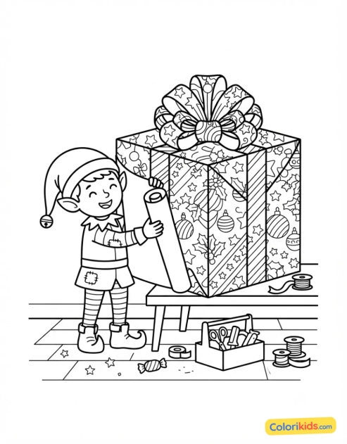 Ausmalbild zum Ausdrucken: elfe verpackt ein großes, buntes Geschenk