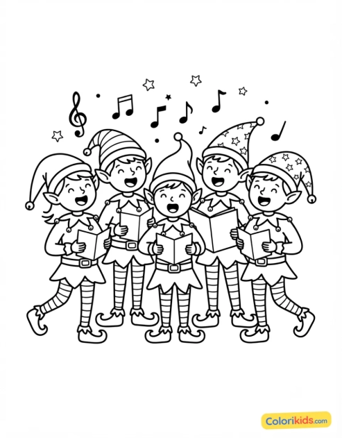 Ausmalbild zum Ausdrucken: gruppe von Elfen singt Weihnachtslieder