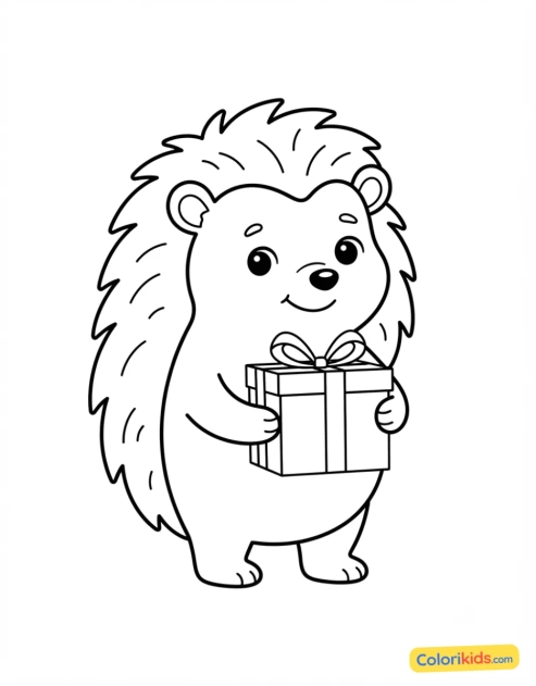 Ausmalbild zum Ausdrucken: igel trägt ein Weihnachtsgeschenk