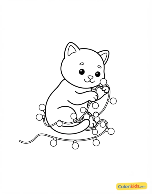 Desenho para colorir para imprimir: kitten playing with Christmas lights
