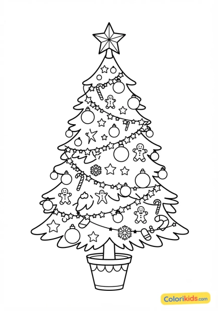 Ausmalbild zum Ausdrucken: großer, reich geschmucar Weihnachtsbaum