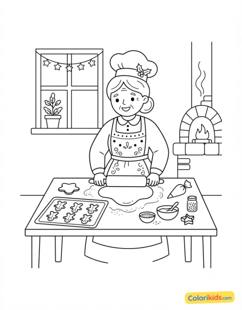Dibujo para colorear para imprimir: mamá Noel horneando pan de jengibre