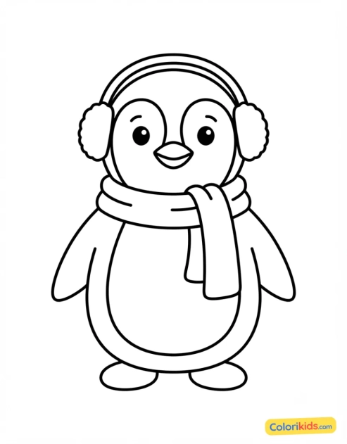 Desenho para colorir para imprimir: pinguim com protetores de ouvido e cachecol