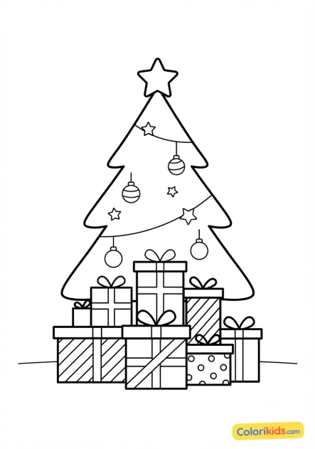 Desenho para colorir para imprimir: presentes empilhados embaixo da árvore de natal