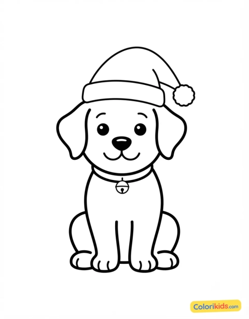 Ausmalbild zum Ausdrucken: welpe mit Weihnachtsmannmütze