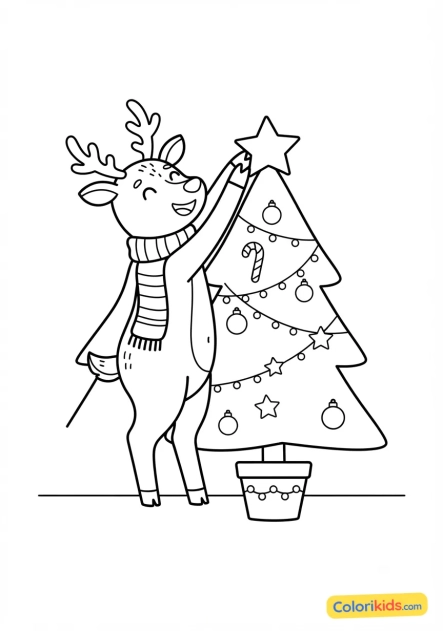 Desenho para colorir para imprimir: rena tentando decorar a árvore de natal