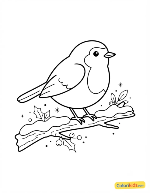 Desenho para colorir para imprimir: pisco-de-peito-redondo em galho nevado