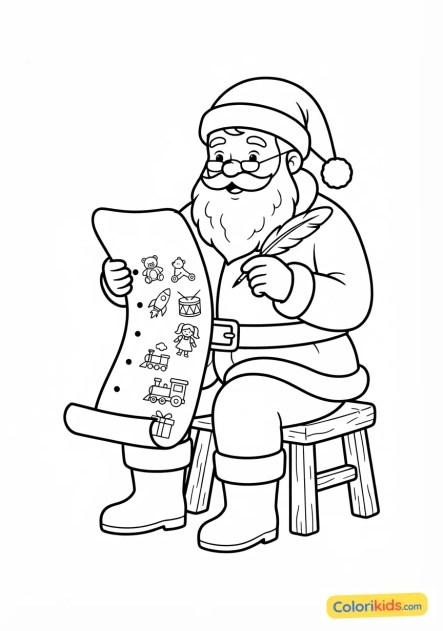 Ausmalbild zum Ausdrucken: weihnachtsmann beim Überprüfen seiner Wunschliste