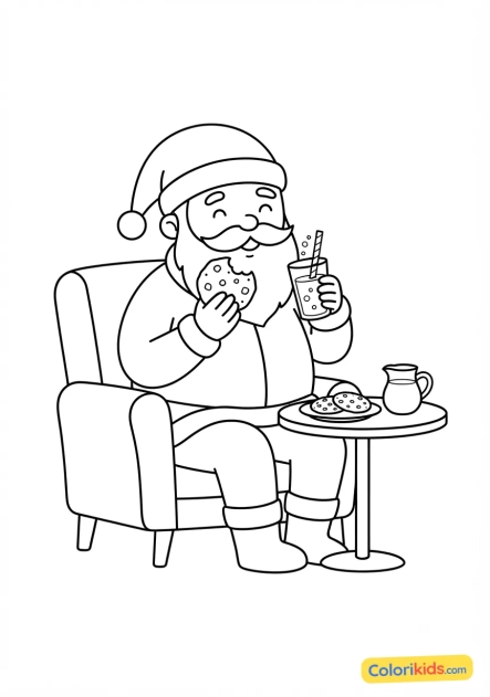 Ausmalbild zum Ausdrucken: weihnachtsmann isst Kekse mit Milch