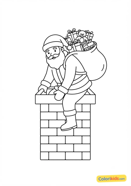 Dibujo para colorear para imprimir: papá Noel en la chimenea con su saco