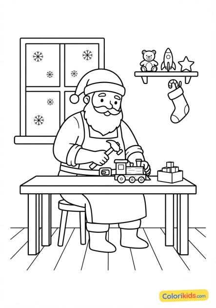 Dibujo para colorear para imprimir: papá Noel trabajando en su taller