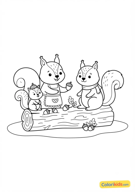 Ausmalbild zum Ausdrucken: eichhörnchenfamilie nahe einem Holzscheit