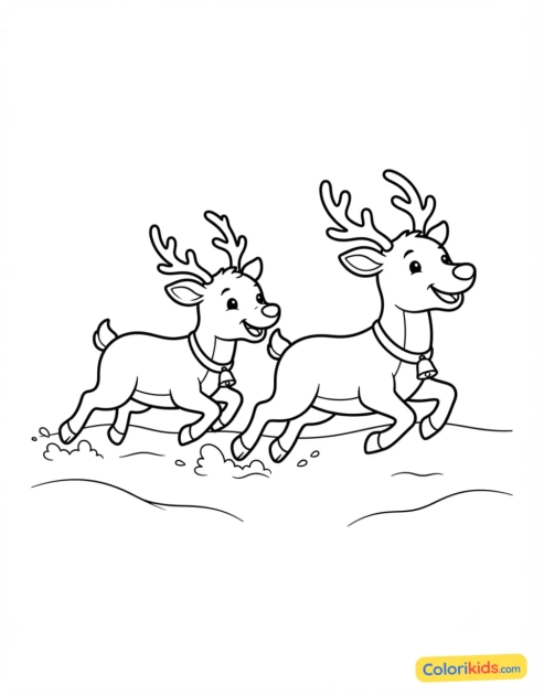 Desenho para colorir para imprimir: duas renas correndo na neve