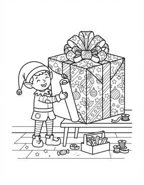 Malvorlage Elfe verpackt ein großes, buntes Geschenk