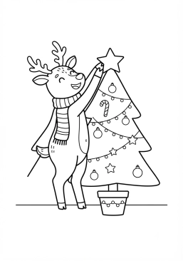 Malvorlage Rentier versucht, den Weihnachtsbaum zu schmücken
