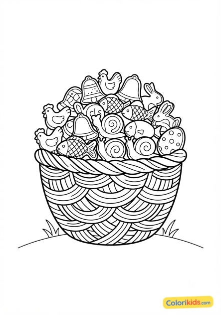 Coloriage à imprimer : panier garni de fritures de Pâques en chocolat