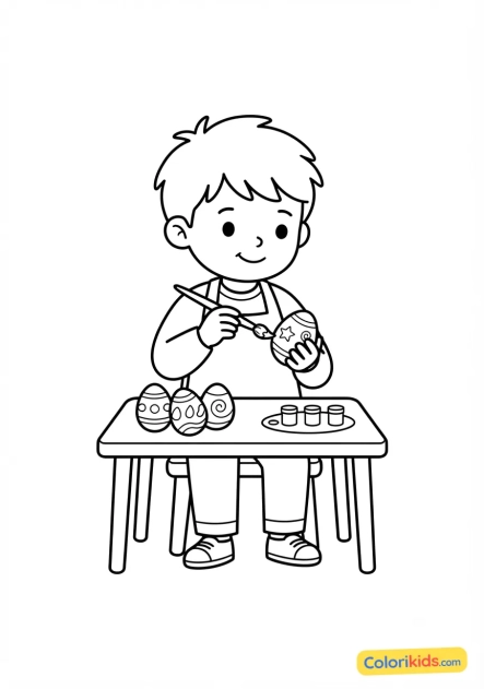 Coloriage à imprimer : enfant peignant des oeufs avec un pinceau