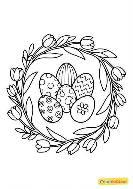 Coloriage à imprimer : tulipes printanières colorées autour des oeufs