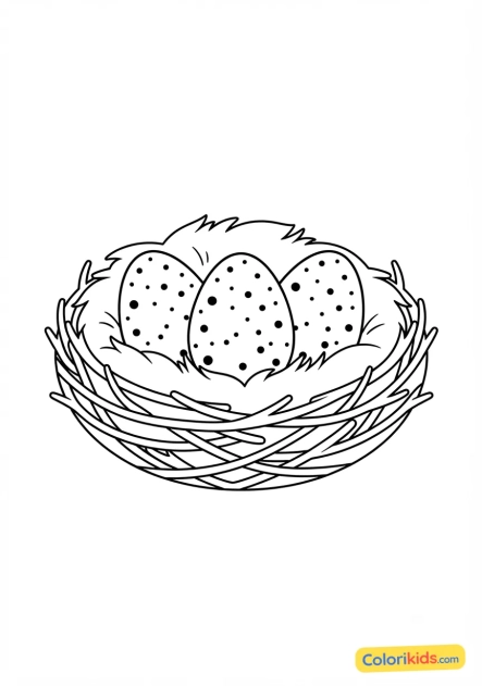 Coloriage à imprimer : nid douillet avec trois oeufs tachetés