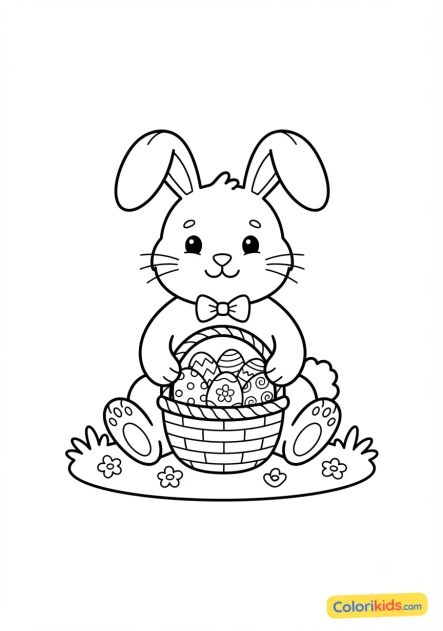 Coloriage à imprimer : mignon petit lapin de Pâques avec son panier d'oeufs