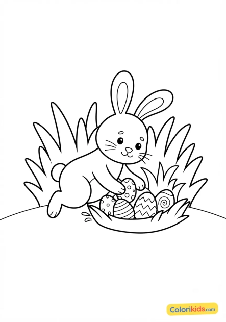 Coloriage à imprimer : lapin de Pâques cachant des oeufs dans l'herbe