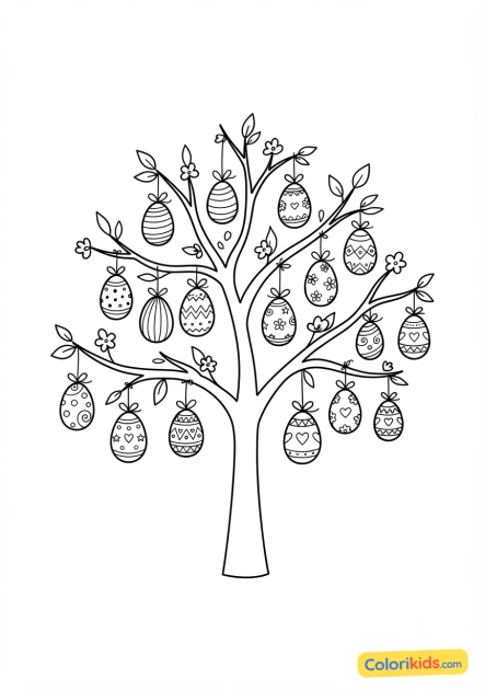 Coloriage à imprimer : oeufs de Pâques suspendus aux branches d'un arbre