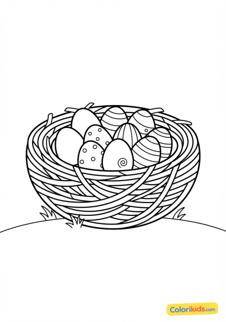 Coloriage à imprimer : nid de Pâques rempli d'œufs en chocolat