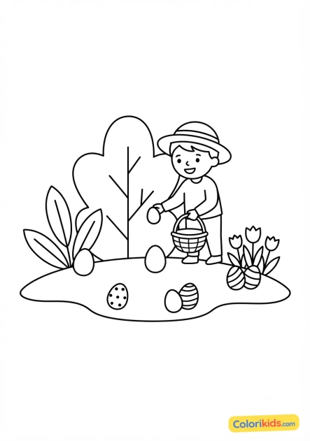 Coloriage à imprimer : chasse aux oeufs dans le jardin printanier