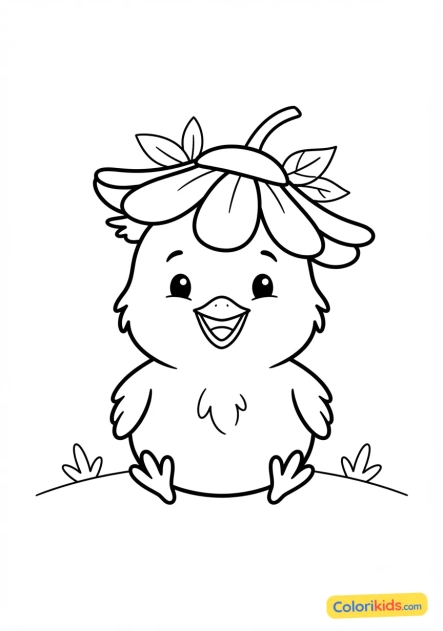 Coloriage à imprimer : poussin rigolo portant un chapeau de fleur