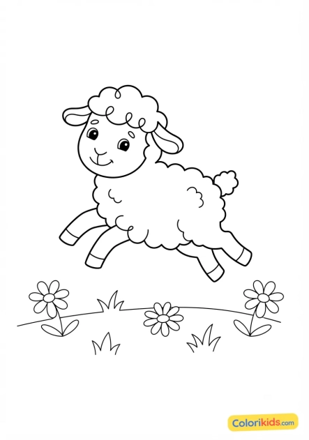 Coloriage à imprimer : mouton joyeux sautant dans un pré fleuri