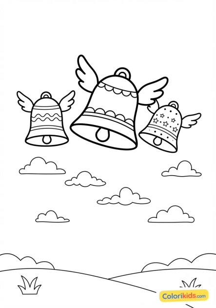 Coloriage à imprimer : cloches de Pâques joyeuses volant dans le ciel