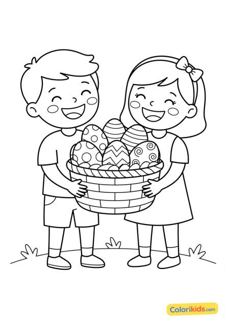 Coloriage à imprimer : enfants riants tenant un grand panier d'oeufs