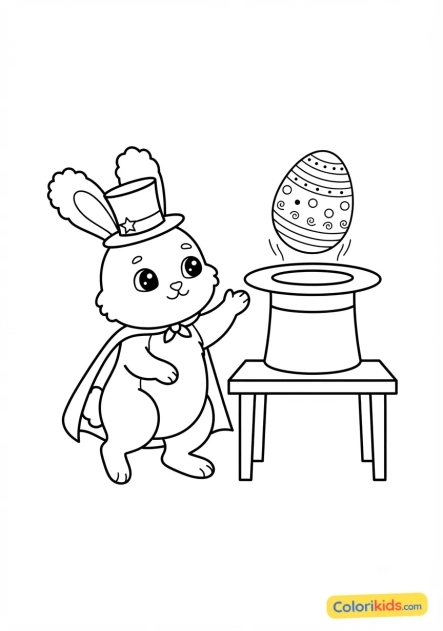 Coloriage à imprimer : lapin de Pâques magicien sortant un oeuf du chapeau