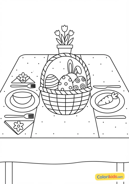 Coloriage à imprimer : table de fête de Pâques joliment dressée