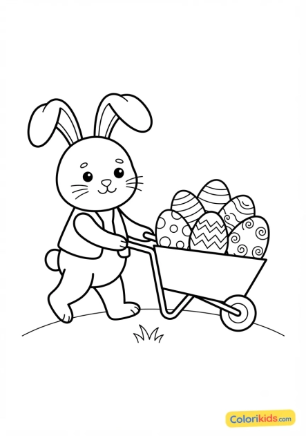 Coloriage à imprimer : lapin portant une brouette pleine d'oeufs