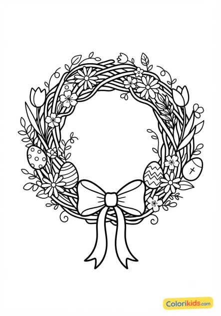 Coloriage à imprimer : couronne de porte de Pâques fleurie de printemps