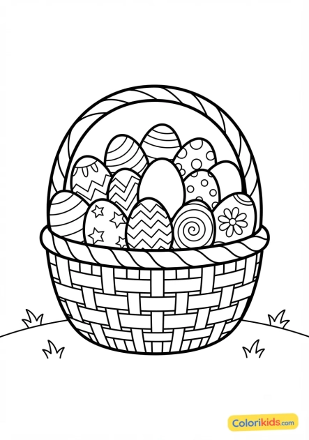 Coloriage à imprimer : panier d'osier débordant d'oeufs colorés