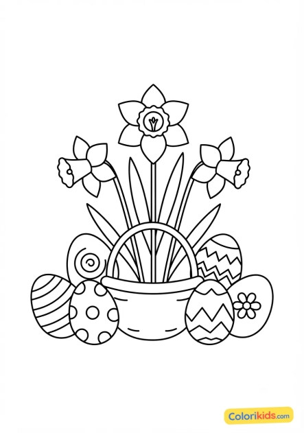 Coloriage à imprimer : jonquilles jaunes et oeufs de Pâques colorés