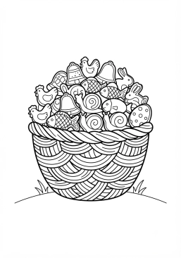 Voir le coloriage Panier garni de fritures de Pâques en chocolat