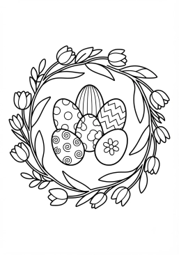 Voir le coloriage Tulipes printanières colorées autour des oeufs
