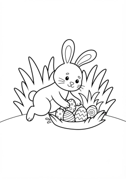 Voir le coloriage Lapin de Pâques cachant des oeufs dans l'herbe